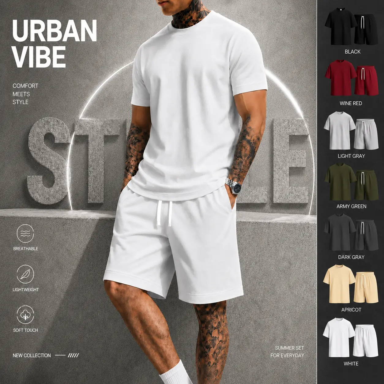Men’s spring/summer two-piece casual set — short-sleeve T-shirt paired with shorts, suitable for everyday wear and sports, available in 7 colorways.