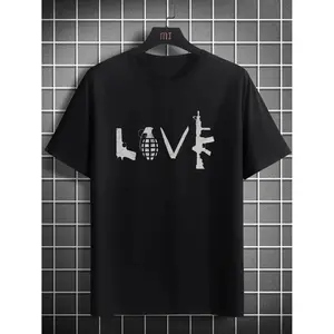 Lover Gun Print, Men's Round Crew Neck Short Sleeve, Simple Style Tee Fashion Regular Fit T-Shirt, Casual Comfy Breathable