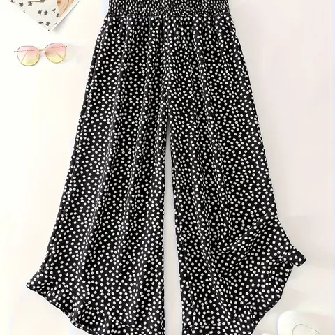 Summer Polka Dot Loose Fit Elastic Waist Casual Pants, Comfortable, Stylish and Bohemian, Perfect for Everyday Wear, Women's Fashion Jeans, Boho, Bottoms
