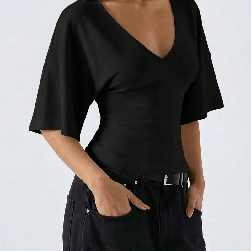 Women's Fashion Casual Minimalist Style Waist Cinching Fitted Half Sleeve V-Neck T-Shirt, Casual Tee, Womenswear, Lady Casual Chic Streetwear Top Summer Basic, Perfect for Daily Work, Commuting, Shopping
