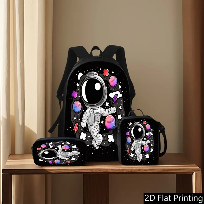 3Pcs Cute Neon Astronaut Print Backpack Set Durable 600D Oxford Cloth School Bag Insulated Lunch Box & Pencil Case Combo Adjustable Breathable Strap Large Capacity Fits 15in Laptop for Kids Teens School Travel Outdoor Use