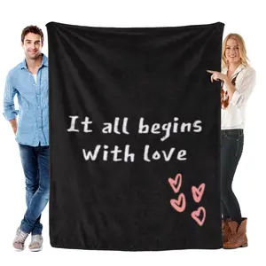 Healing "It all begins with love" Heart Throw Blanket Warm Black Flannel for Sofa Office Bedroom Soft Skin Friendly Cozy Comfortable