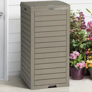 38 Gallon Outdoor Trash Can with Lid & Drip Tray, Waterproof Hideaway Garbage Bin Waste Container for Patio, Backyard, Deck, Garden, Easy Assembly & Clean, Taupe