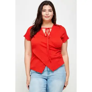 Stacey  B's Plus Size Textured Wrap Top With Tie Neck