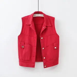 Red Jean Cowboy Waistcoat Denim Vest Women 2025 Spring Autumn New Sleeveless Tops Short Jacket Waistcoat Top Outerwear Casual Pink