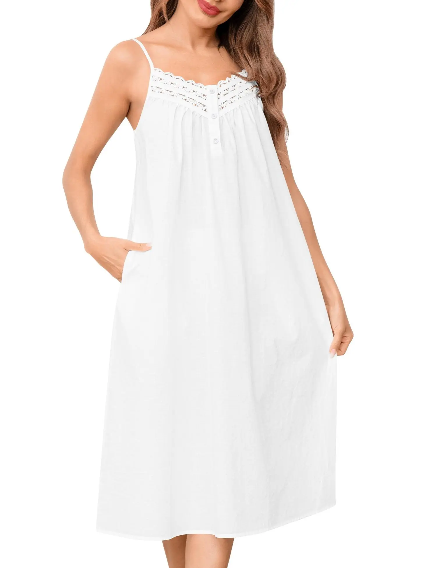SWOMOG Women's Victorian Style Chic Sleeveless Lace Nightgown - Soft Rayon Casual Bedroom Nightwear with Inner Pockets, Decorative Buttons, Adjustable Straps, Machine Washable, Low Temp Tumble Dry/Hang to Dry, Ideal for Valentine's Day Gifting to Daughter