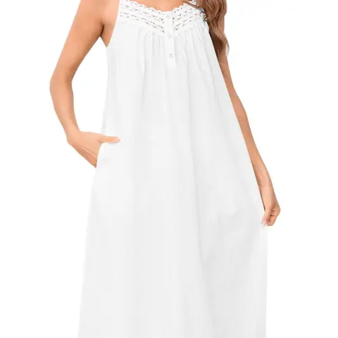 SWOMOG Women's 100% Cotton Victorian Elegant Sleeveless Lace Night Gown for Women - Loungewear Pajama with Inner Pockets, Decorative Buttons, Adjustable Straps, Soft Rayon, Machine Washable, Low Temp Tumble/Hang Dry, Ideal Bedroom Gift for Daughter