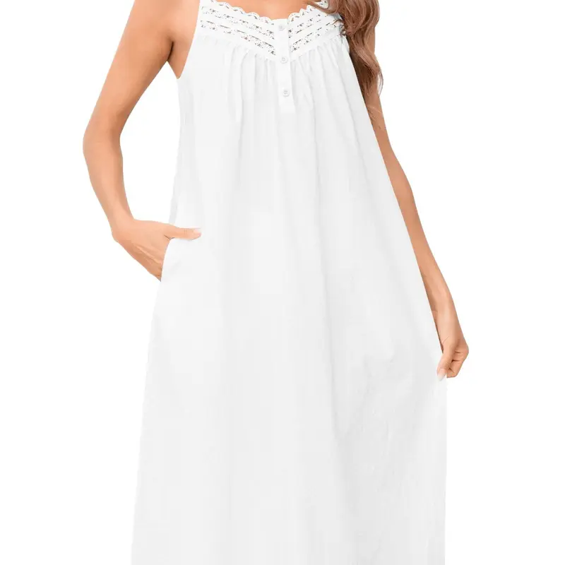 SWOMOG Women's 100% Cotton Victorian Elegant Sleeveless Lace Night Gown for Women - Loungewear Pajama with Inner Pockets, Decorative Buttons, Adjustable Straps, Soft Rayon, Machine Washable, Low Temp Tumble/Hang Dry, Ideal Bedroom Gift for Daughter
