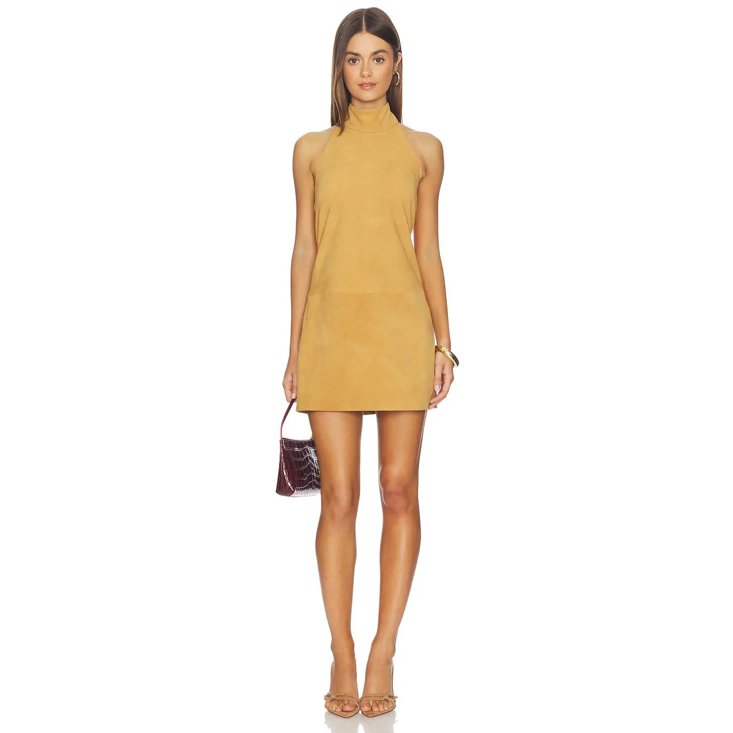 AEXAE Leather Suede Mini Halter Dress in Light Suede Brown