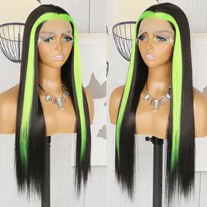 28inch Green Skunk Stripe Long Hair Wigs Green and Black Color Synthetic Lace Front Wig 13x4 HD Glueless Highlights hair pre Plucked Heat Resistant Fiber Hair