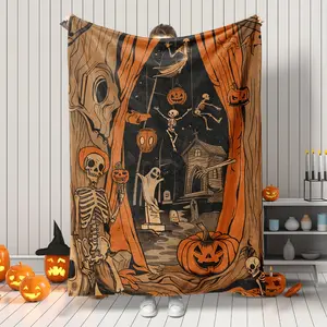 Festive Halloween Flannel Throw Blanket - Spooky Pumpkin, & Skeleton Design with Bats & Haunted House - Soft Warm All-Season Cozy Bedspread for Couch, Bed, or Gift - Contemporary Style Orange & Black Decor for Parties, Home, or Cl