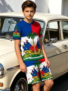 1 set of children's short sleeved set with ethnic characteristics and elements of the Haitian national flag and emblem printed on it Summer Clothing Set