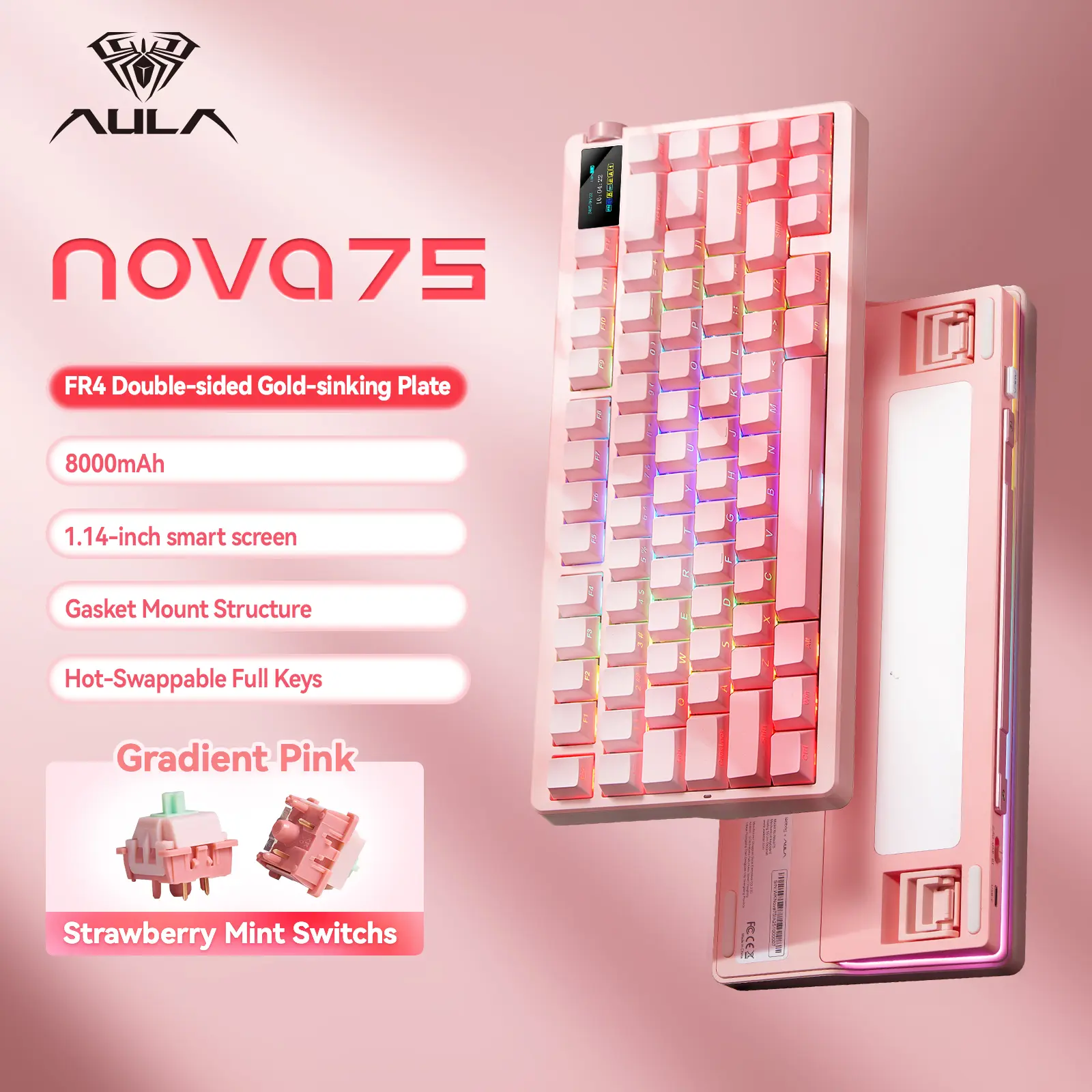 New Aula Nova75 Wireless Mechanical Keyboard 8000mAh,Gasket Mounted with Cream Sound 75% Compact Layout,RGB Backlit,Custom Hot Swappable,Bluetooth/2.4GHz/USB-C,Pink Keyboard Gaming for Win/Mac/iOS/Android