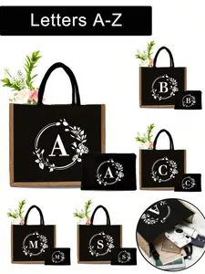 Black Linen Handbag,Tote Bag,With White Wreath Letters Print Design, With Cosmetic Bag,Simple And Elegant, Personalized Bridesmaid Wedding Gift Bag, Makeup Bag, Travel Simple Storage Bag, Best Teacher Gifts For Christmas