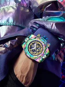 10 Ounce Extra Large Men's Watch, Stainless Steel Punk Style Fashion Watch, Cyberpunk Fantasy Color Heavy Duty Wrist Accessory, Fantasy Gradient Metal Case, Large Function Buttons, Men's Trendy Outfit / Nightclub Showstopper