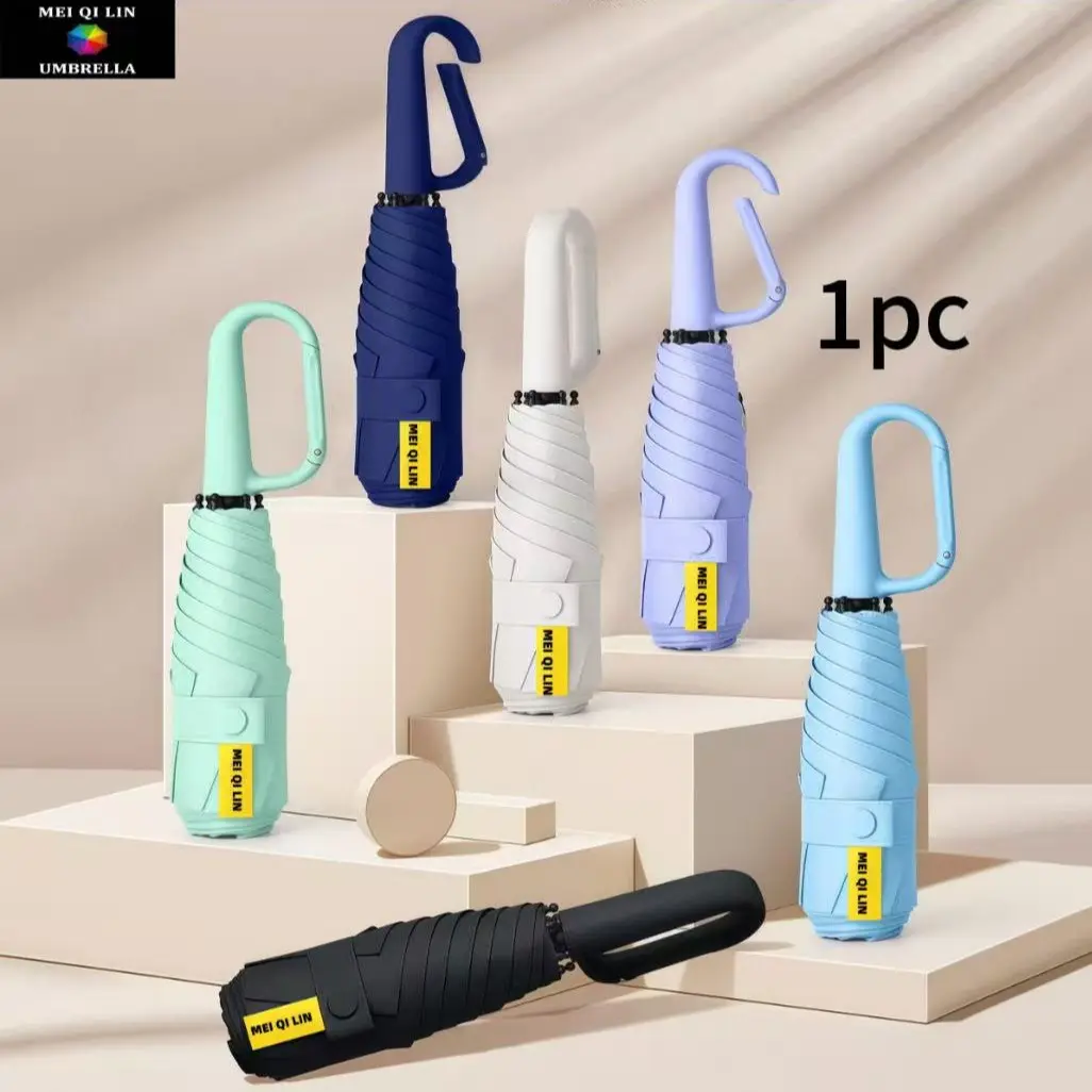 Compact Folding Travel Umbrella, Portable Folding Umbrella, with Carabiner Ring Handle, Fiberglass Ribs, UV Protection Upf 50+, Lightweight Handbag for Women & Kids, Waterproof Umbrella, Windproof Folding Umbrella