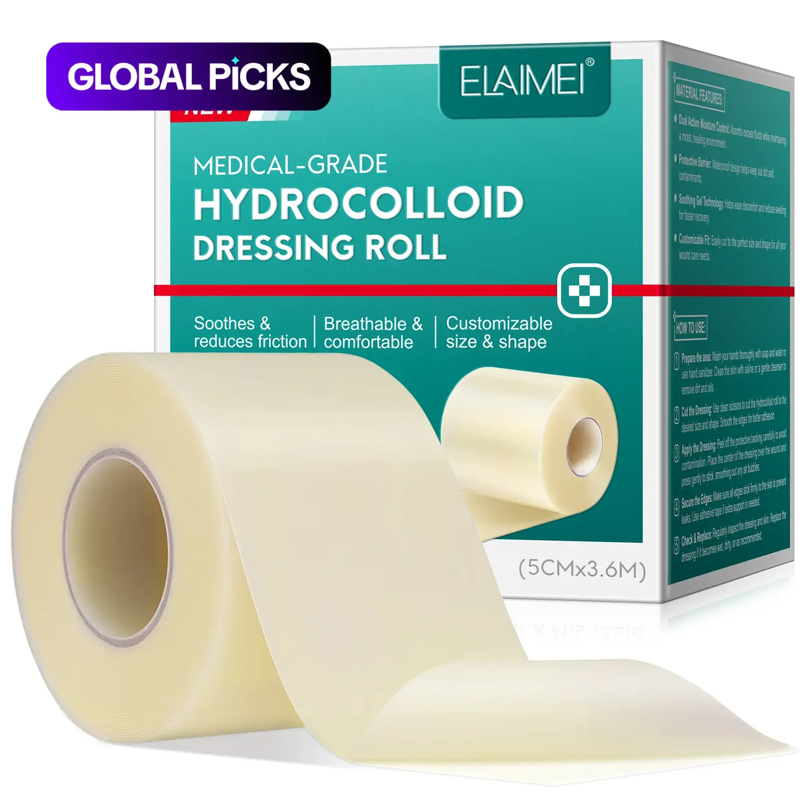 Elaimei Hydrocolloid Roll for Wound Care - Cut-to-Size, Scar Treatment Tape for Face, Extra Large Hydrocolloid Bandages, Self-Adhesive, Ultra Absorbent, Flexible & Waterproof, First Aid Kit Essential #GLOBAL PICKS