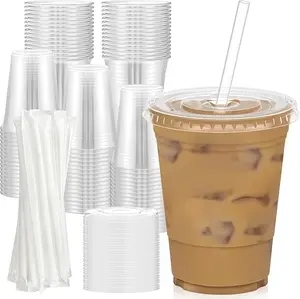 100 Pack 16oz Clear Plastic Cups with Lids & Straws – Disposable Iced Coffee & Smoothie Cups, Leak-Resistant Cold Drink Cups, Food-Safe Party & Takeaway Cups