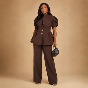 Silkandluxe The Amara Sculpted Power Set - Deep Bordeaux Tunic Blazer with Tulip Sleeves & High-Waisted Wide-Leg Trousers