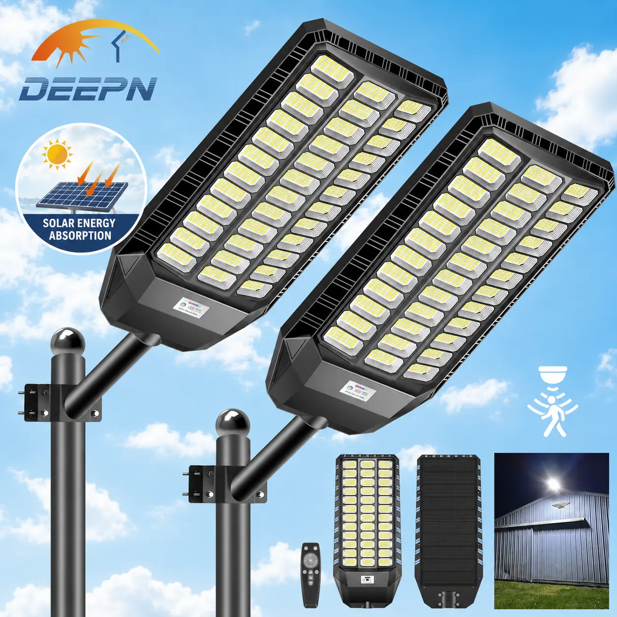 【2 Pack】DEEPN Solar Outdoor Light, 3 Lighting Modes, 6500K Spotlight, LED Motion Sensor Security Wall Light, Ideal for Garden, Courtyard, and Porch Decoration, IP67 Waterproof, Remote Control Supported, Solar-Powered Wall-Mounted Outdoor Lighting