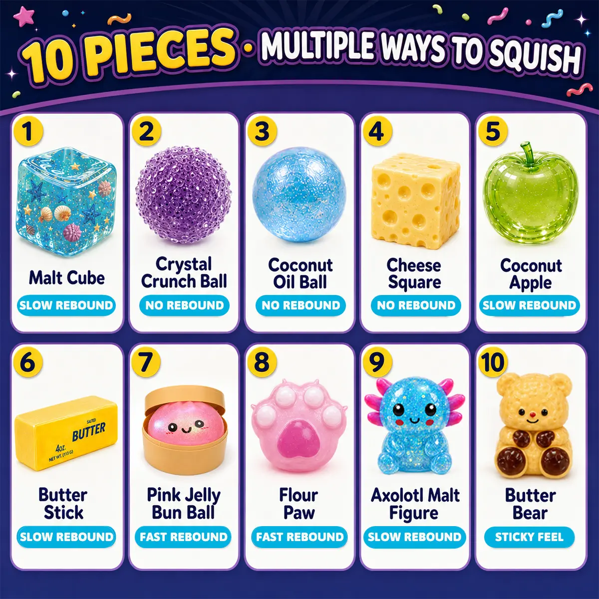 10 different squishy toys included
