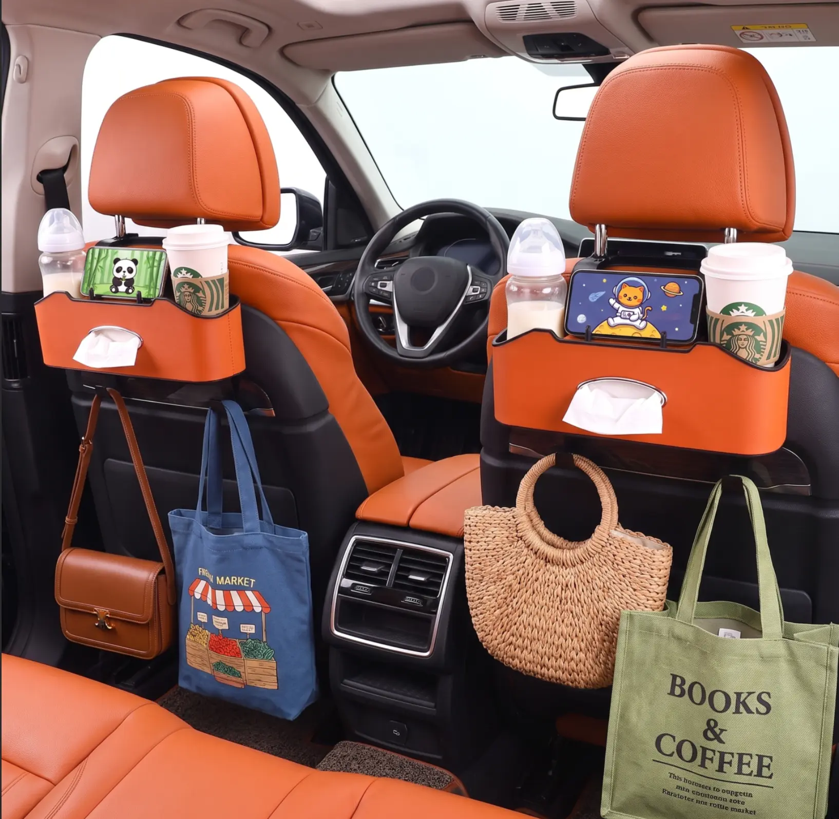High Quality Car Seat Back Organizer - Multifunctional Storage Box with Tissue Holder, 2 Cup Holders, Bags Hooks for Family Travel