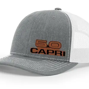 Mercury Capri 5.0 Foxbody Logo Side Panel Laser Engraved Leather Patch Richardson 112 Snapback Trucker Hat Cap Unisex 60% Polyester 39% Cotton 1% Spandex 3.5-inch Crown Silver Underbill