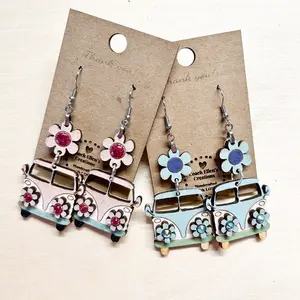 Hand-Painted Wooden Hippie VW Van Earrings - Unique and Stylish Accessory for Art Lovers