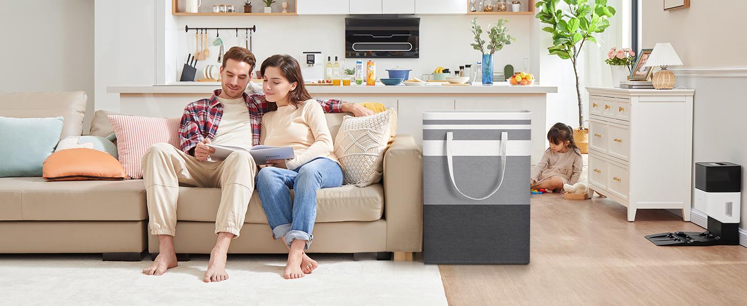 Extra Large Collapsible Fabric Storage Bag with Reinforced Handles, Freestanding Waterproof Laundry Hamper for Bedroom, Dorm, Laundry Room, Travel, or Moving, 75L Gray Gradient Clothes Basket for Towels, Blankets, Quilts, Toys, and Daily Storage