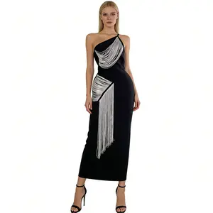 Black One Shoulder Silver Tassel Bandage Midi Dress, Asymmetrical Bodycon Cocktail Evening Gown for Women, Sizes XS-L