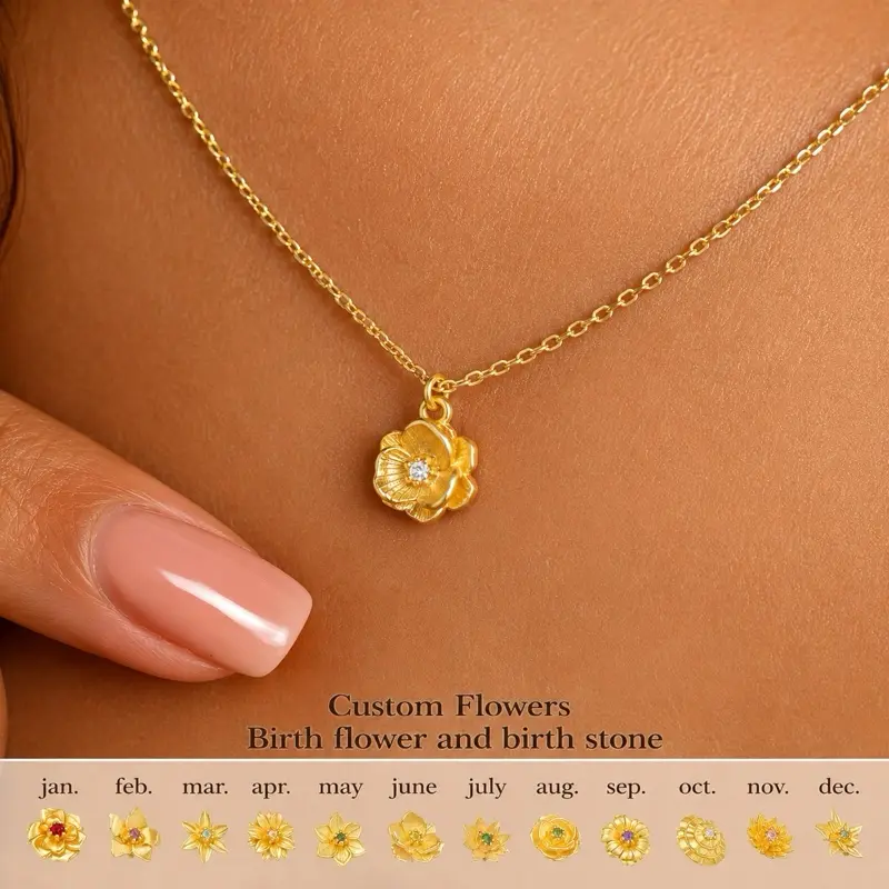 Personalized Birth Flower Necklace with Birthstone, Custom Charm, Birthday Gift for Women
