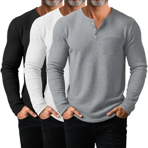 3 Pack Men's Waffle Henley Long Sleeve Thermal Shirts, Lightweight Casual Undershirts Pullover Tops with Pockets