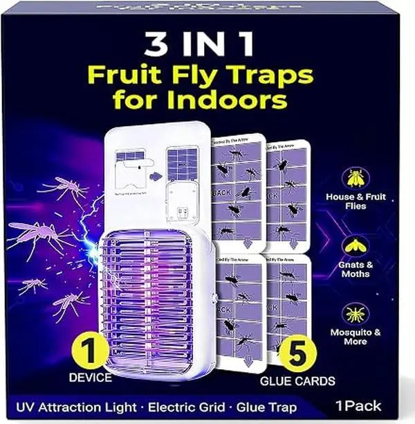 Upgraded Fruit Fly Traps for Indoors, Flying Insect Trap for Fruit Flies, Gnats, Plug in Bug Zapper Indoor with Dual-UV Lights & Trapping, Electric Grid & Glue Traps