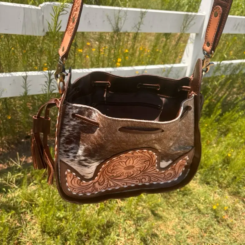 Tooled Leather & Cowhide Bucket Bag - 3 Styles Available to Choose From