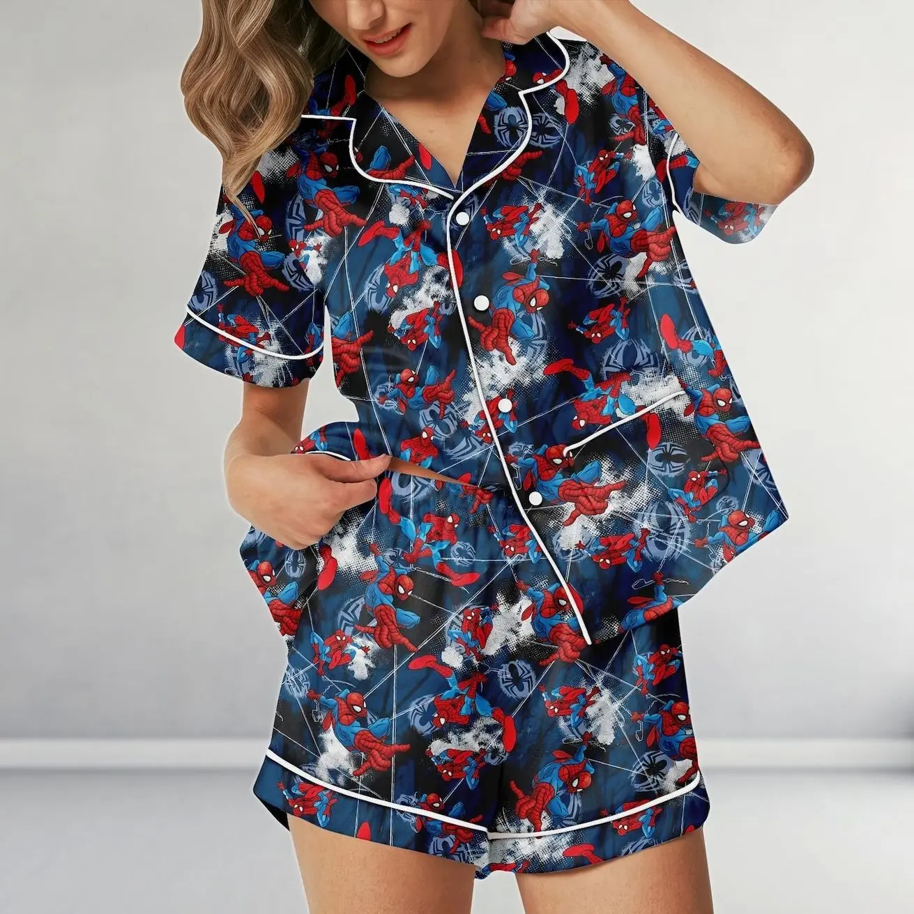 Red Web Hero Satin Pajama Set, Comic Inspired Cruise Loungewear, Casual Unisex Sleepwear, Fun Gift for Her
