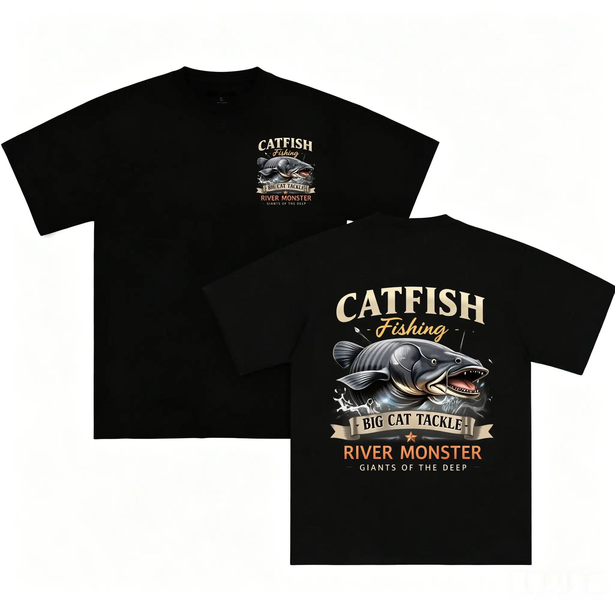 Men's Catfish Fishing T-Shirt, Vintage River Monster Graphic, Double-Sided Print Cotton Short Sleeve Crew Neck Top for Anglers, Menswear, Men's T Shirts, Men’s Clothes