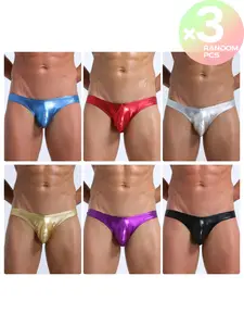 2/3/4 Pcs Random Color Men's Faux Leather Briefs Shiny Elastic Comfort Soft Comfy Brief for Pool Party & Fitness