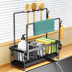 Kitchen Sink Caddy, Rustproof 304 Stainless Steel Sponge Holder for Kitchen Sink with Removable Drain Tray, Towel Holder and Brush Drainer Rack