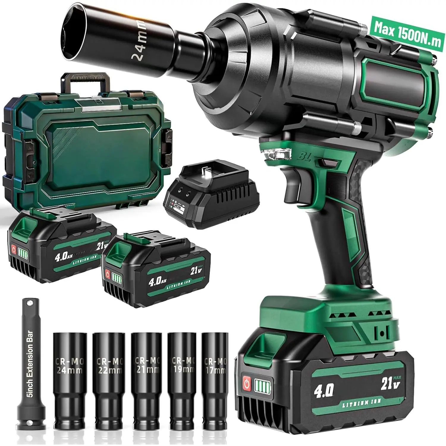 2026 New Upgrade 1500N.m(1106ft-lbs) Impact Wrench, High Torque 1/2 Impact Gun with 21V 2x4.0AH Battery, Fast Charger & 5 Sockets, 3500IPM Brushless Impact Driver for Home Car Truck Tires