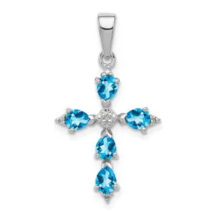 Silver Rhodium Pear Swiss Blue Topaz Cross Pendant