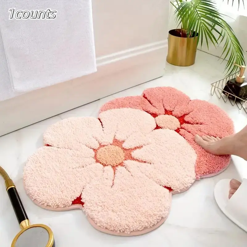 Rose Flower Bath Mat – Soft Non-Slip Absorbent Polyester Rug For Bathroom, Pink, Semicircular 3 thumbnail image