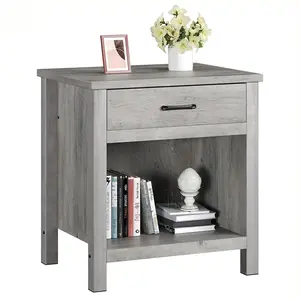 Grey Farmhouse Square Nightstand, Bedside Table End Table for Bedroom Nursery Living Room, End Table with Storage Drawer, Easy Assembly, Rustic Grey