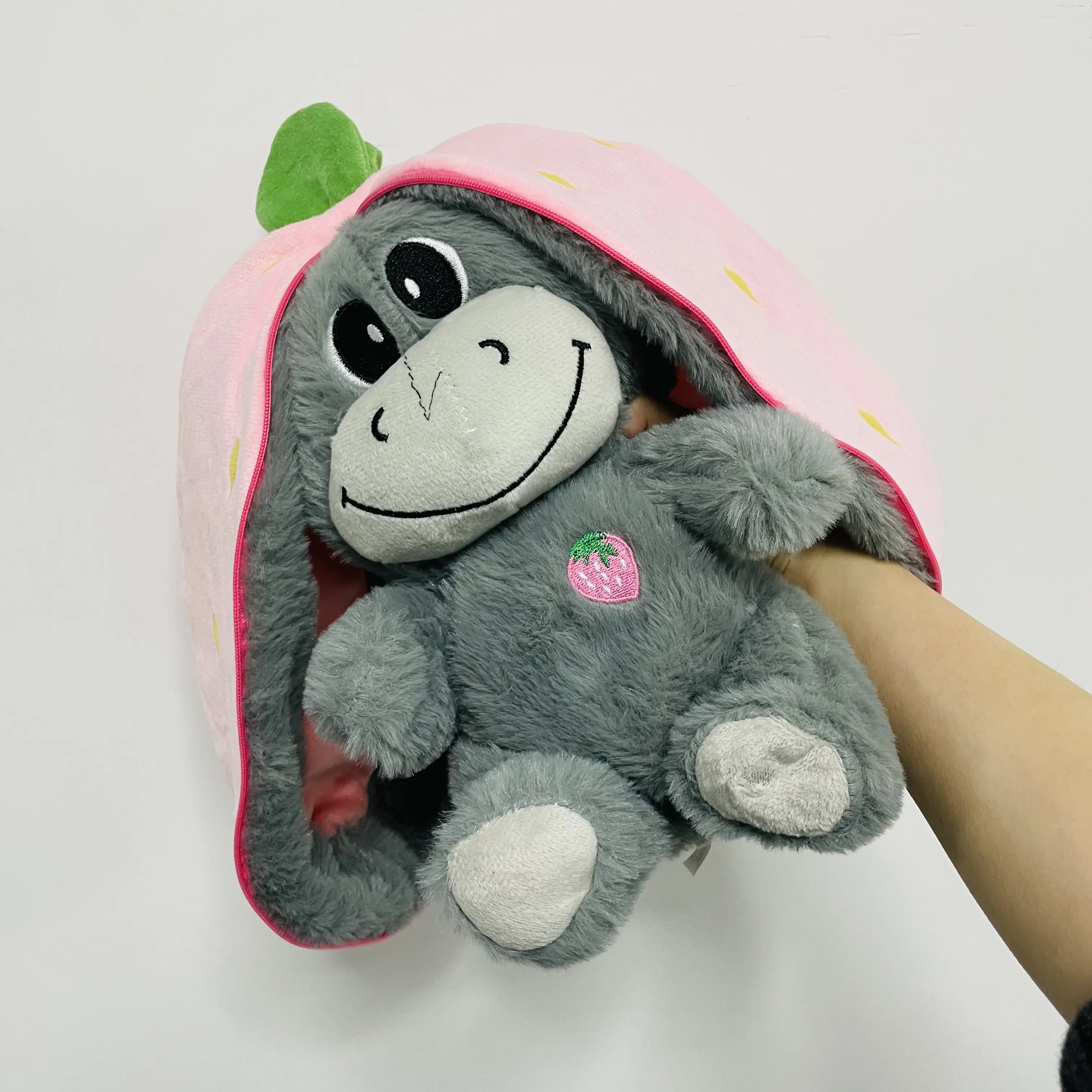 30cm Breathing Donkey Plush Toy - Unisex Fruit Theme Strawberry Transform Design, Plush Fabric Stress Relief Toy, No Battery Needed, Ideal for Kid Birthday Gifts, Creative Play