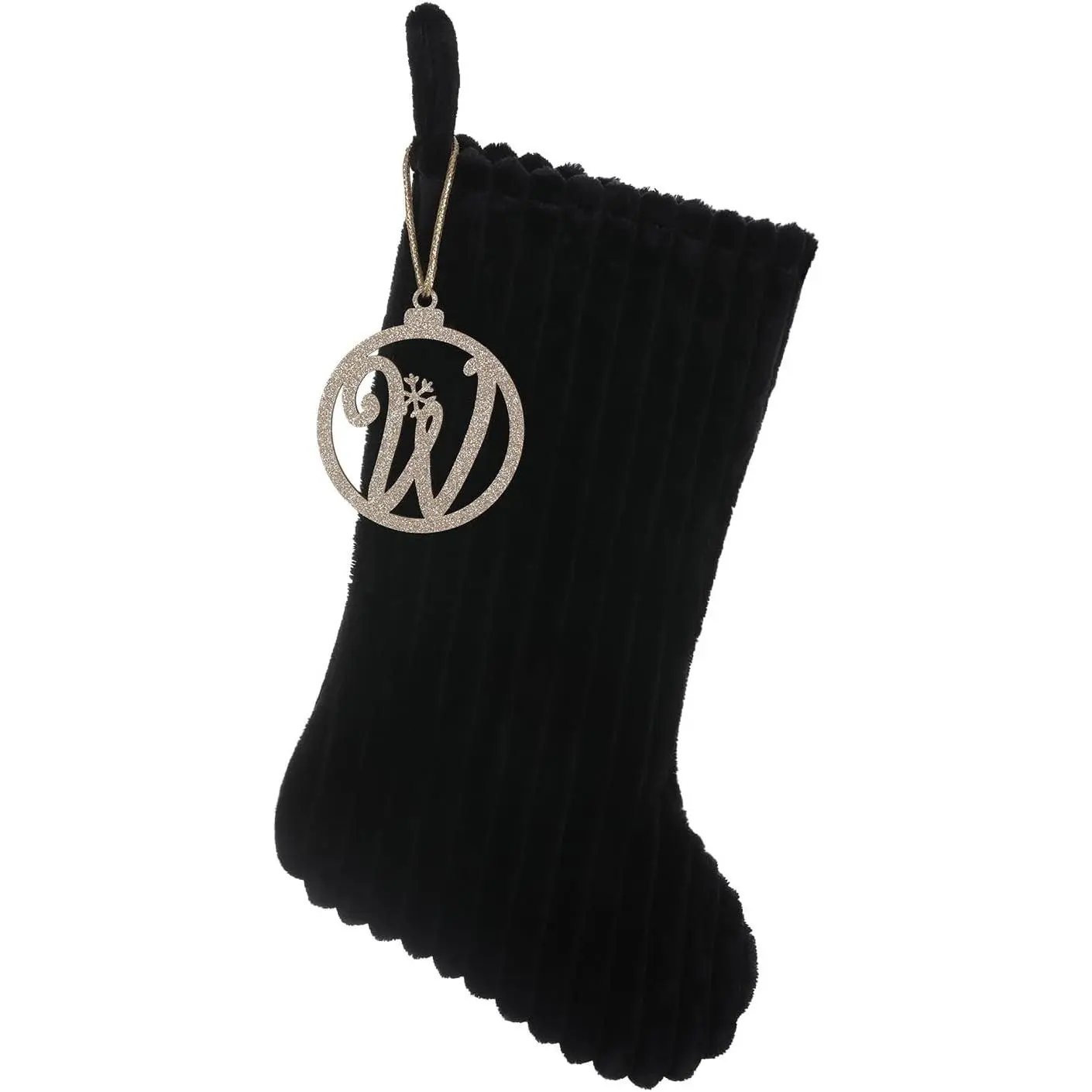 19.5 Inch Embossed Stripe Christmas Stocking,Personalized Xmas Stocking with Gold Wooden Initial Monogram,Fireplace Christmas Party Decoration and Xmas Gift(Black,Letter W)