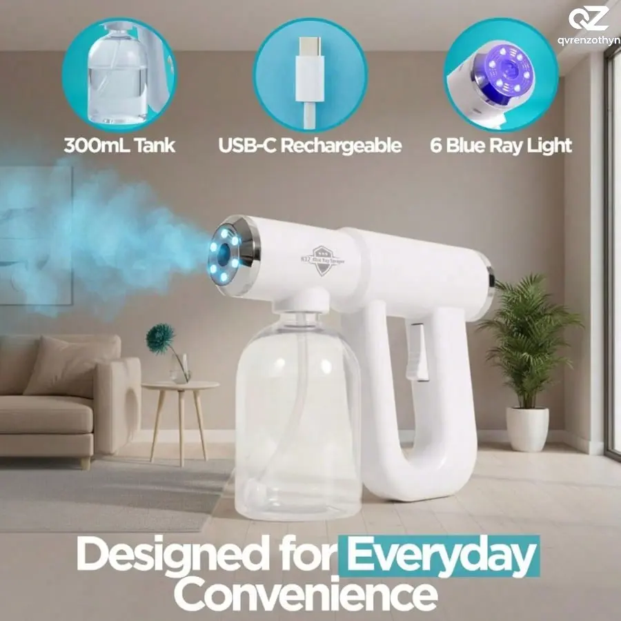 Compact Plastic Handheld Cordless Rechargeable Nano Spray Machine - Blue Ray ULV Atomizer Gun, 1-Button Grip Refillable Water-Based Ultra-Fine Mist Mister for Home & Salon Indoor Recreation Use