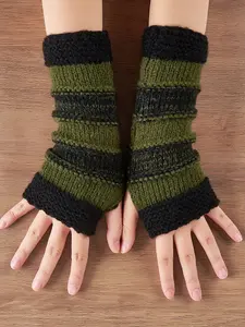 Women's Fashion Patchwork Textured Knit Fingerless Gloves, Striped Warm Winter Mitts, Perfect Christmas Gift, Comfortable Cold Weather Accessory