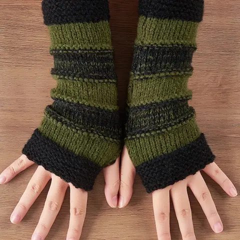 Women's Fashion Patchwork Knit Fingerless Gloves, Striped Warm Winter Mitts, Perfect Christmas Gift, Comfortable Cold Weather Accessory