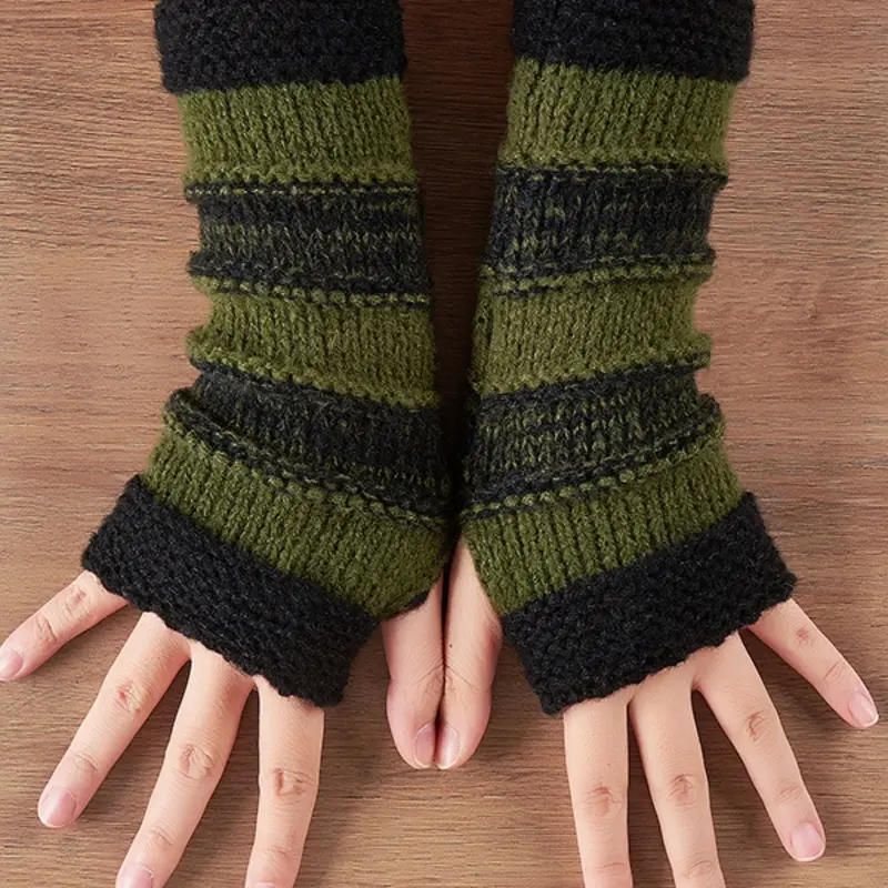 Women's Fashion Patchwork Knit Fingerless Gloves, Striped Warm Winter Mitts, Perfect Christmas Gift, Comfortable Cold Weather Accessory