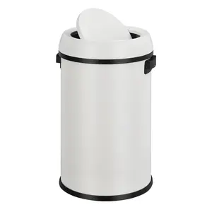 17 Gallon / 65L Stainless Steel SwingTop Trash Can, Commercial Heavy-Duty Round Garbage Bin with Quiet Swing Lid, Large Waste Container for Kitchen, Restaurant, Office, or Public Space, White