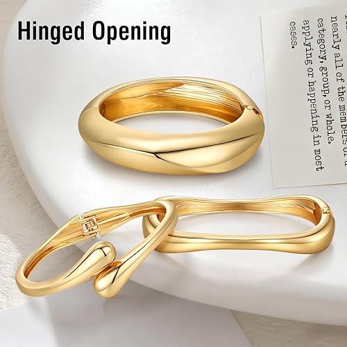 Chunky Gold Bangle Bracelets Set for Women, 14K Gold Plated Stackable Cuff Jewelry